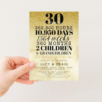 30th Wedding Anniversary Invitation Gold Glitter, 30 Years Married Party Invite, Elegant Milestone Celebration, Editable Template