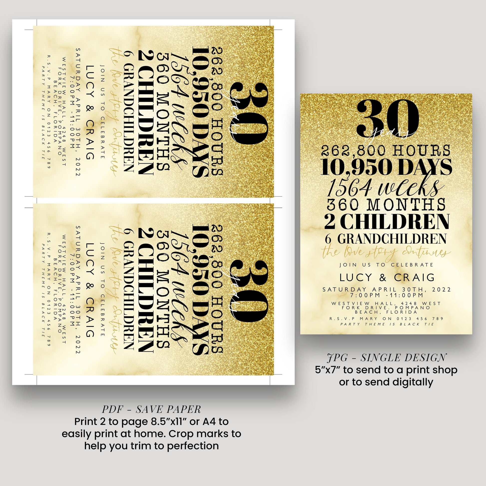 30th Wedding Anniversary Invitation Gold Glitter, 30 Years Married Party Invite, Elegant Milestone Celebration, Editable Template