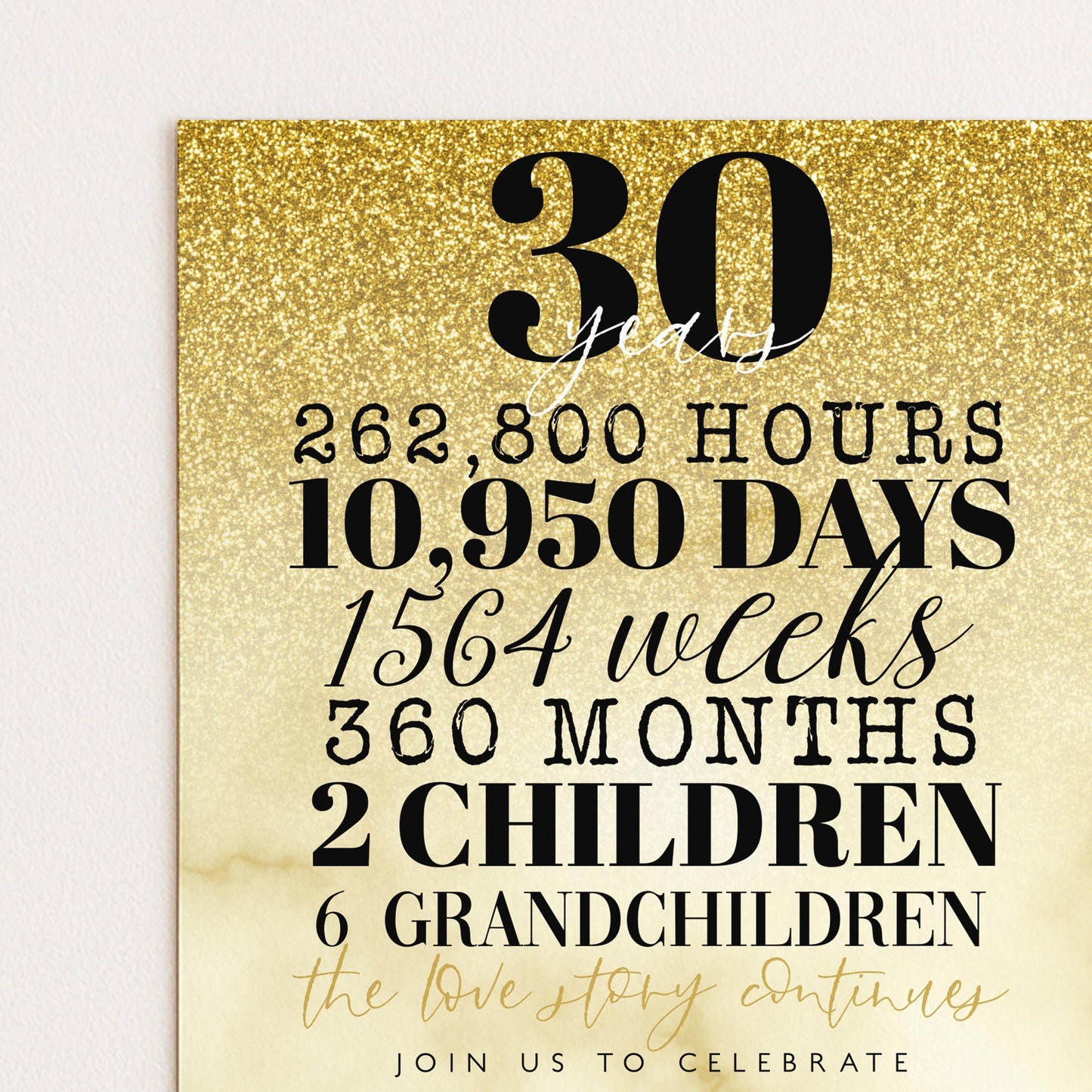 30th Wedding Anniversary Invitation Gold Glitter, 30 Years Married Party Invite, Elegant Milestone Celebration, Editable Template