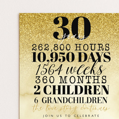 30th Wedding Anniversary Invitation Gold Glitter, 30 Years Married Party Invite, Elegant Milestone Celebration, Editable Template