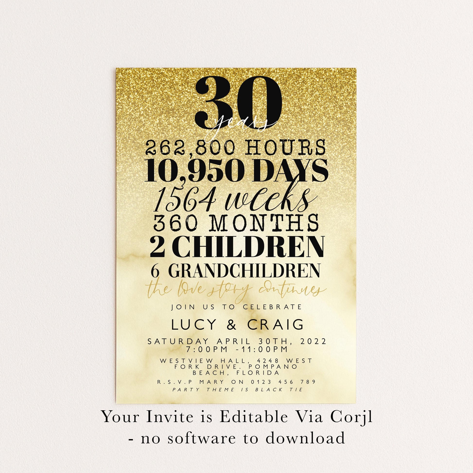 30th Wedding Anniversary Invitation Gold Glitter, 30 Years Married Party Invite, Elegant Milestone Celebration, Editable Template