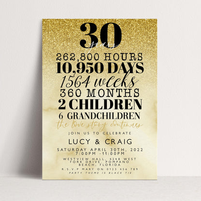 30th Wedding Anniversary Invitation Gold Glitter, 30 Years Married Party Invite, Elegant Milestone Celebration, Editable Template