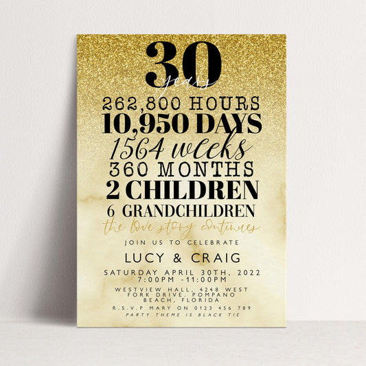 30th Wedding Anniversary Invitation Gold Glitter, 30 Years Married Party Invite, Elegant Milestone Celebration, Editable Template