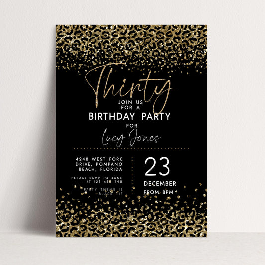 Black and gold leopard print 30th birthday invitation digital download template via Corjl, featuring faux glitter confetti animal print panels and gold thirty script typography, editable and printable party invite