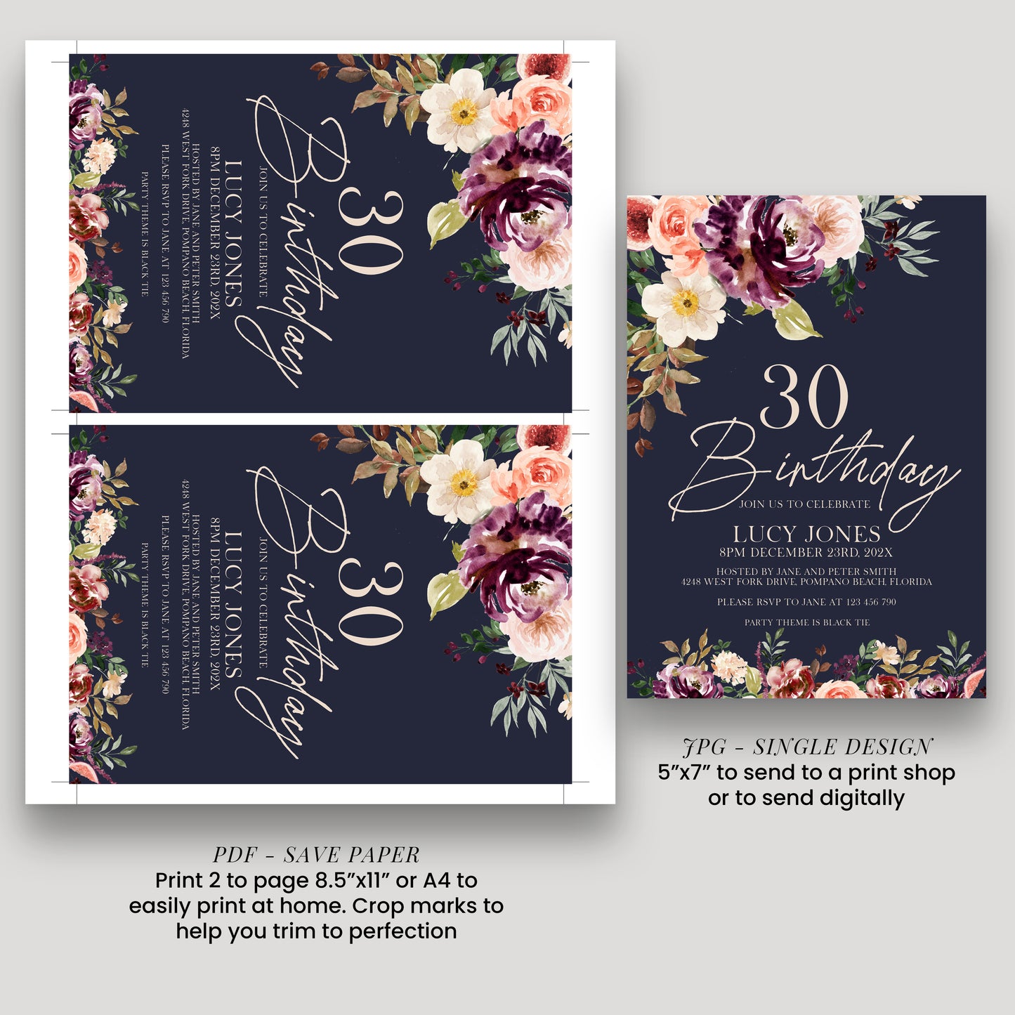 30th Birthday Invitation Navy Floral | Editable Digital Download Template | Printable Party Invite