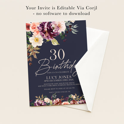 30th Birthday Invitation Navy Floral | Editable Digital Download Template | Printable Party Invite