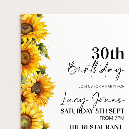 30th Birthday Invitation Sunflower | Editable Digital Download Template | Printable Party Invite