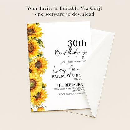 30th Birthday Invitation Sunflower | Editable Digital Download Template | Printable Party Invite