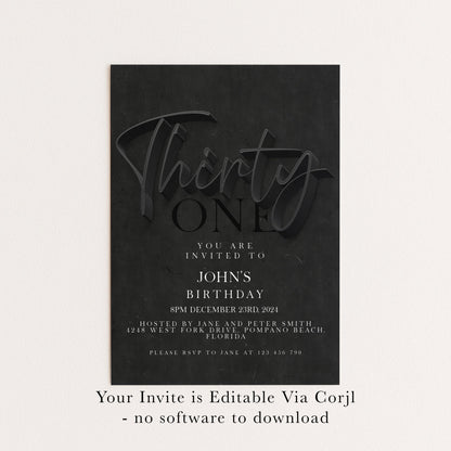 31st Birthday Invitation Editable 31st invite Black invitation Simple Elegant For Him or Her Instant Download Printable SE19