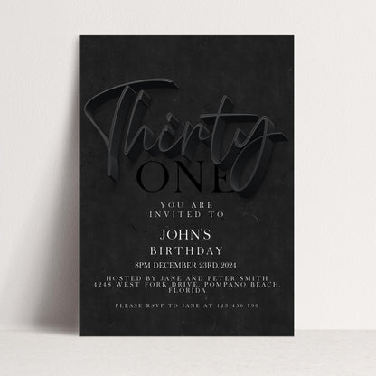 31st Birthday Invitation Editable 31st invite Black invitation Simple Elegant For Him or Her Instant Download Printable SE19