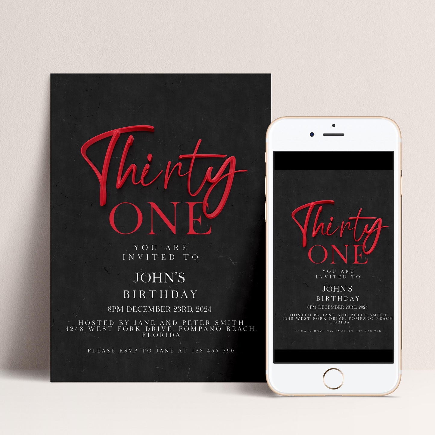 The image is a birthday invitation for John's 30th birthday, featuring a black background with red text and a white smartphone displaying the same invitation.