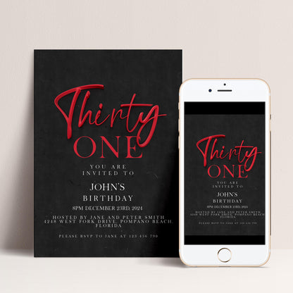 The image is a birthday invitation for John's 30th birthday, featuring a black background with red text and a white smartphone displaying the same invitation.