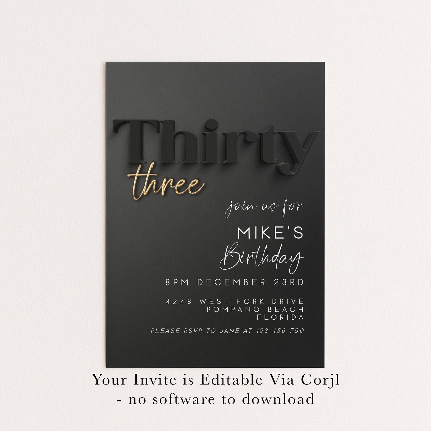 Editable 33rd Birthday Invitation – Black and Gold Party Invite for Him – Modern Printable Template – Instant Digital Download BG78