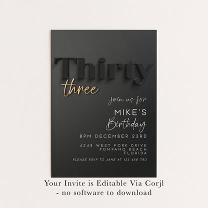 Editable 33rd Birthday Invitation – Black and Gold Party Invite for Him – Modern Printable Template – Instant Digital Download BG78