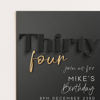 Editable 34th Birthday Invitation – Elegant Black and Gold Digital Party Invite for Him – Instant Download – Customizable Template BG78