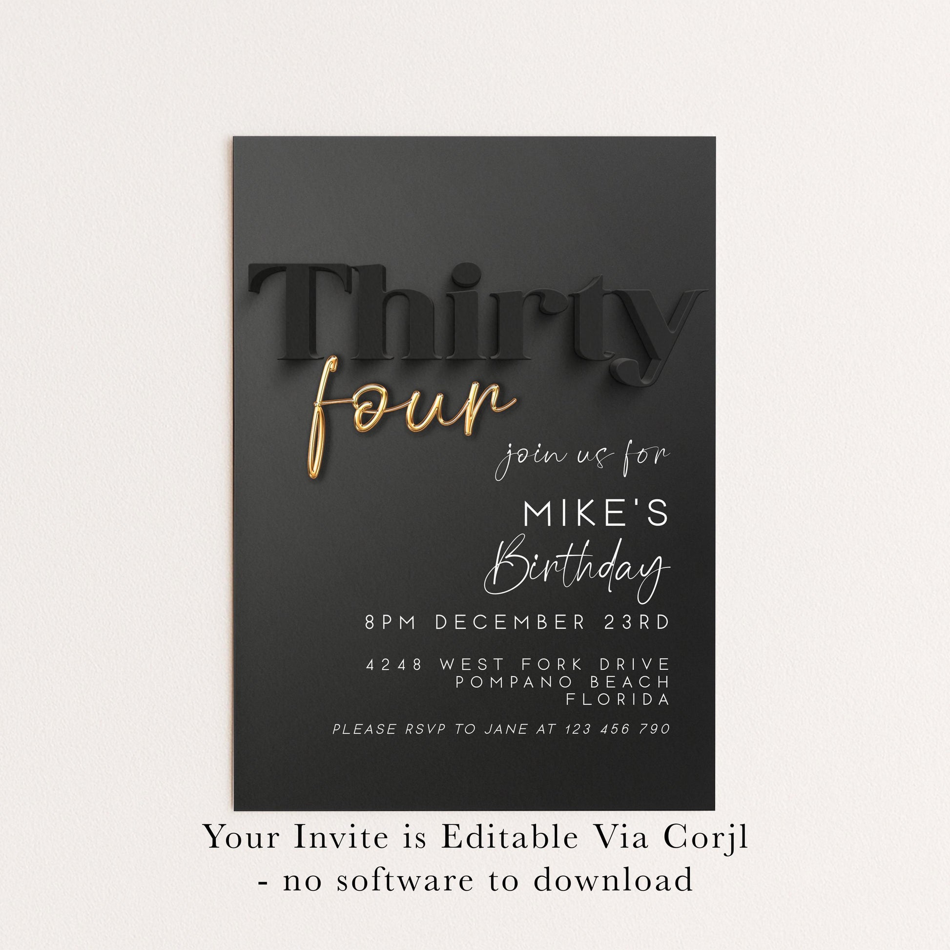 Editable 34th Birthday Invitation – Elegant Black and Gold Digital Party Invite for Him – Instant Download – Customizable Template BG78