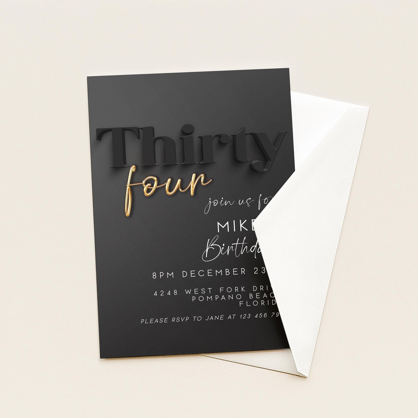Editable 34th Birthday Invitation – Elegant Black and Gold Digital Party Invite for Him – Instant Download – Customizable Template BG78