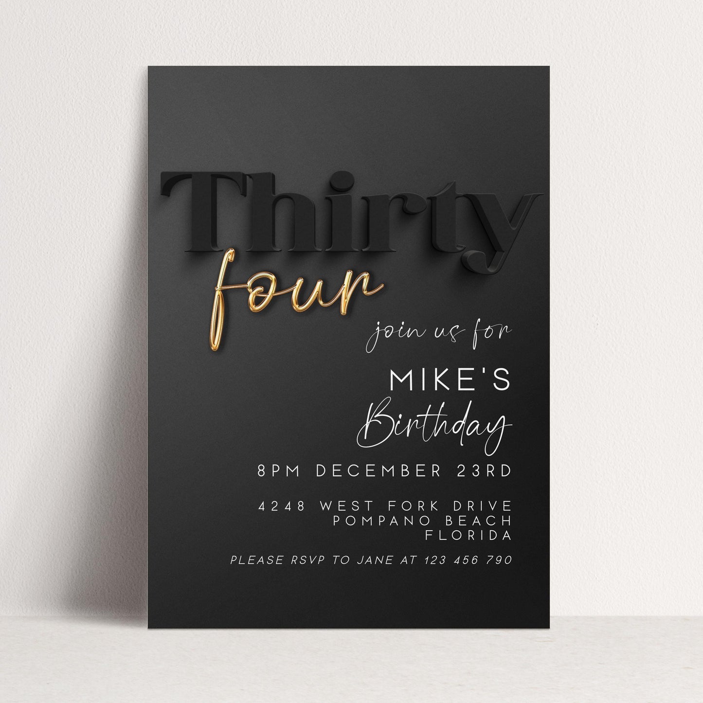 Editable 34th Birthday Invitation – Elegant Black and Gold Digital Party Invite for Him – Instant Download – Customizable Template BG78