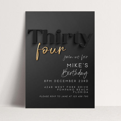 Editable 34th Birthday Invitation – Elegant Black and Gold Digital Party Invite for Him – Instant Download – Customizable Template BG78