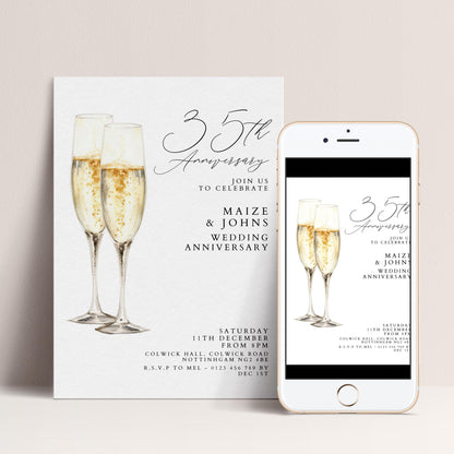 35th Wedding Anniversary Invitation, 35 Year Anniversary Party Invite, Elegant Champagne Anniversary Invitation