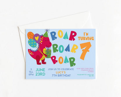 The image is a birthday invitation for a 7-year-old named Lucys, celebrating her 7th birthday. The invitation features a colorful cartoon dinosaur and text that reads "I'm turning 7".