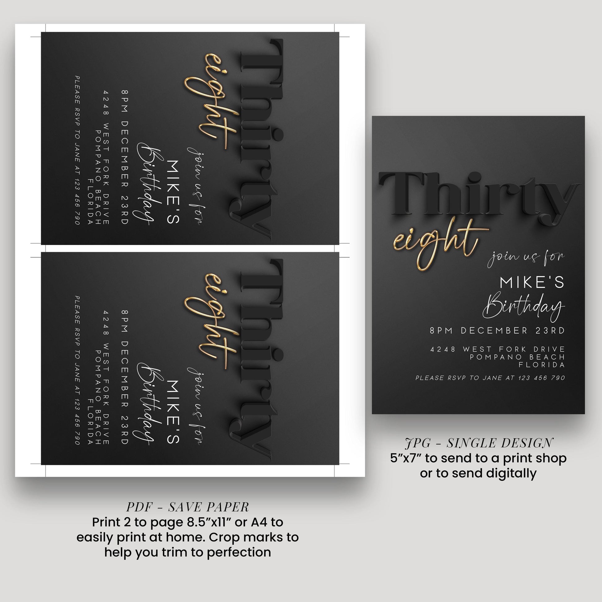 Editable 38th Birthday Invitation Black and Gold, Modern Thirty Eight Invite, Corjl Template, Elegant Birthday Party Invitation for Him BG78