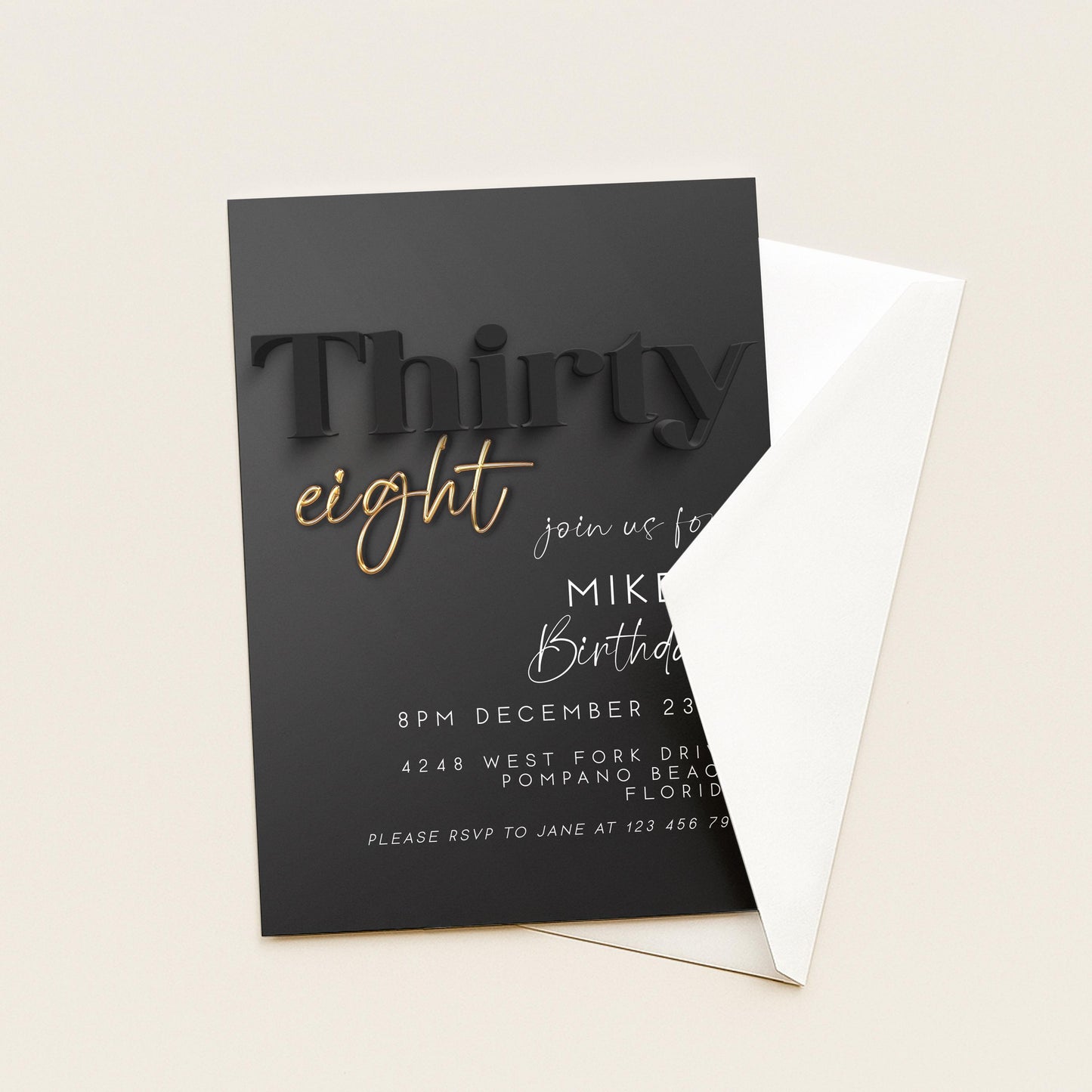 Editable 38th Birthday Invitation Black and Gold, Modern Thirty Eight Invite, Corjl Template, Elegant Birthday Party Invitation for Him BG78