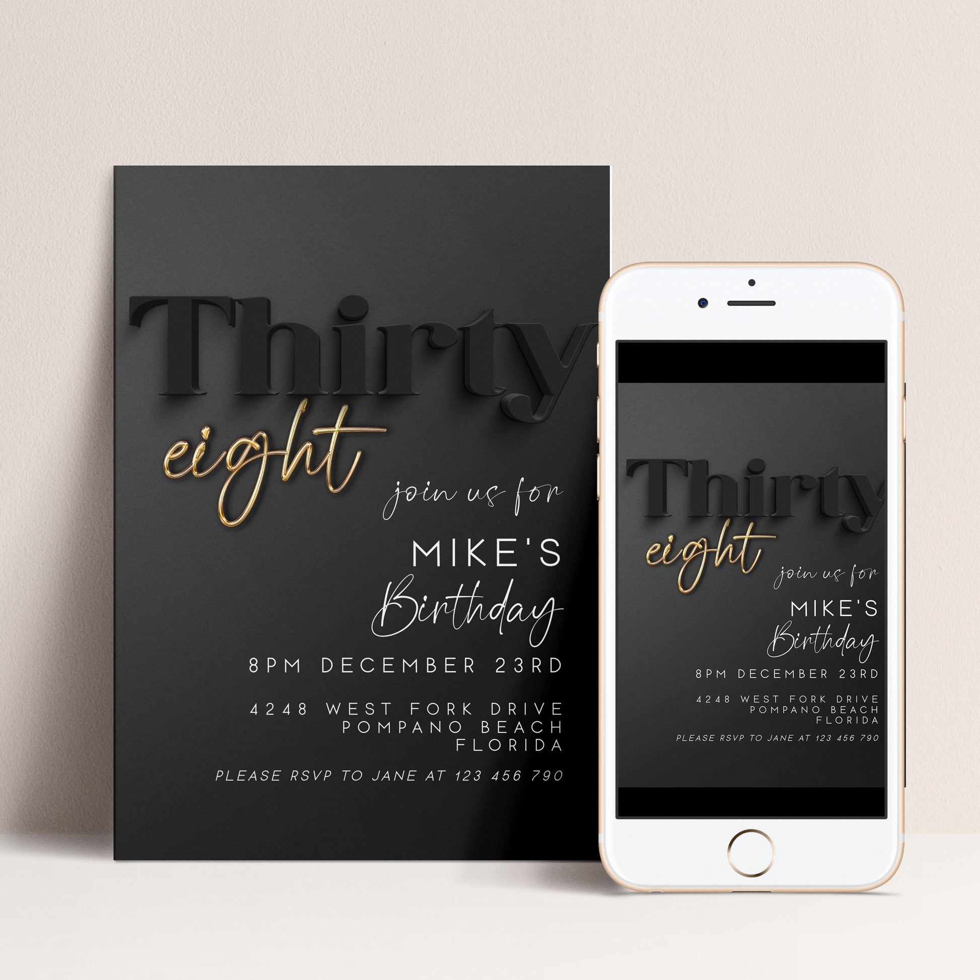 Editable 38th Birthday Invitation Black and Gold, Modern Thirty Eight Invite, Corjl Template, Elegant Birthday Party Invitation for Him BG78