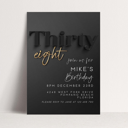 Editable 38th Birthday Invitation Black and Gold, Modern Thirty Eight Invite, Corjl Template, Elegant Birthday Party Invitation for Him BG78