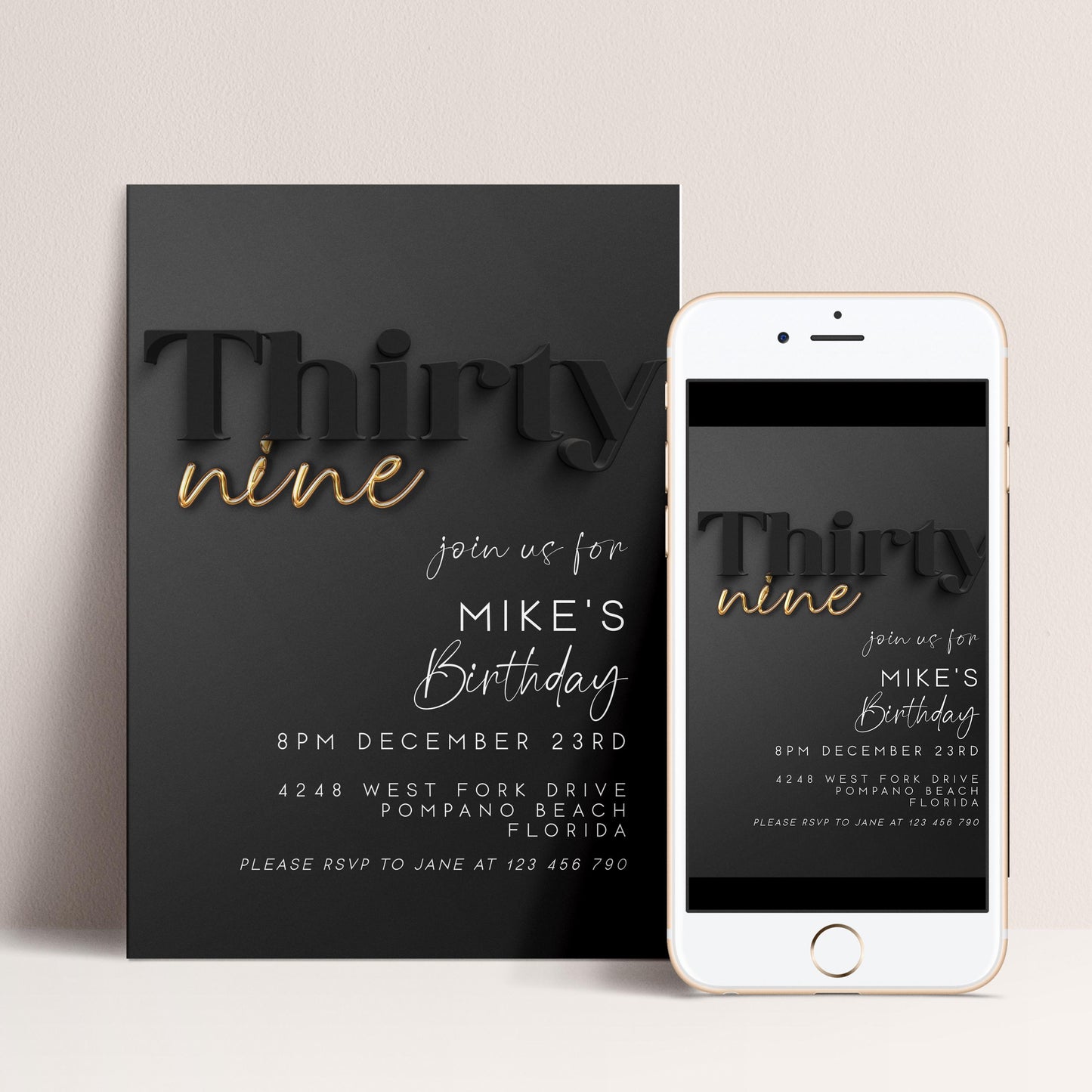 Editable 39th Birthday Invitation – Modern Black and Gold Party Invite for Him – Customizable Digital Template – Instant Download BG78