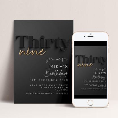 Editable 39th Birthday Invitation – Modern Black and Gold Party Invite for Him – Customizable Digital Template – Instant Download BG78