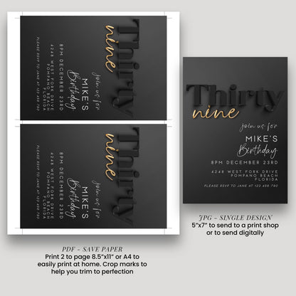 Editable 39th Birthday Invitation – Modern Black and Gold Party Invite for Him – Customizable Digital Template – Instant Download BG78