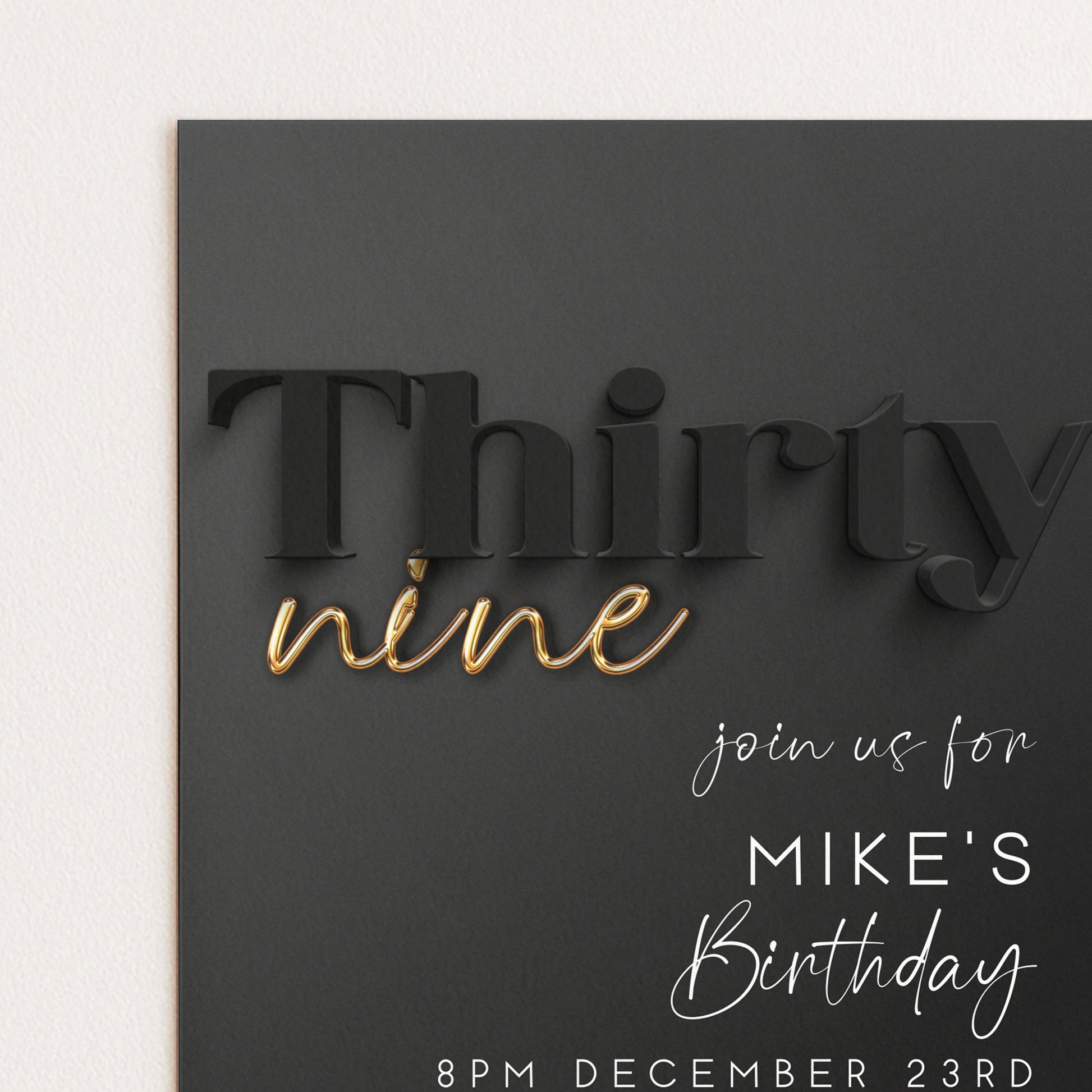 Editable 39th Birthday Invitation – Modern Black and Gold Party Invite for Him – Customizable Digital Template – Instant Download BG78