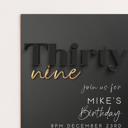 Editable 39th Birthday Invitation – Modern Black and Gold Party Invite for Him – Customizable Digital Template – Instant Download BG78