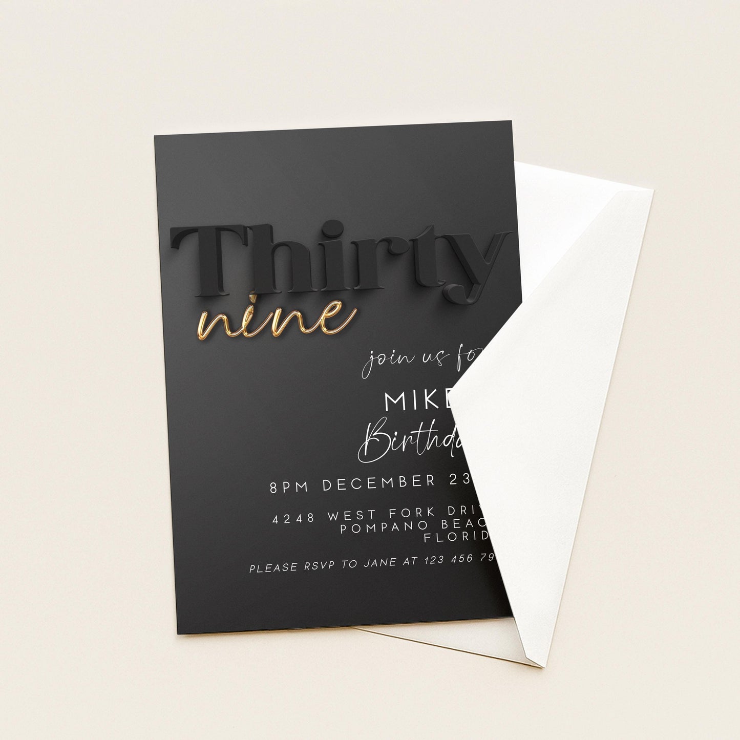 Editable 39th Birthday Invitation – Modern Black and Gold Party Invite for Him – Customizable Digital Template – Instant Download BG78