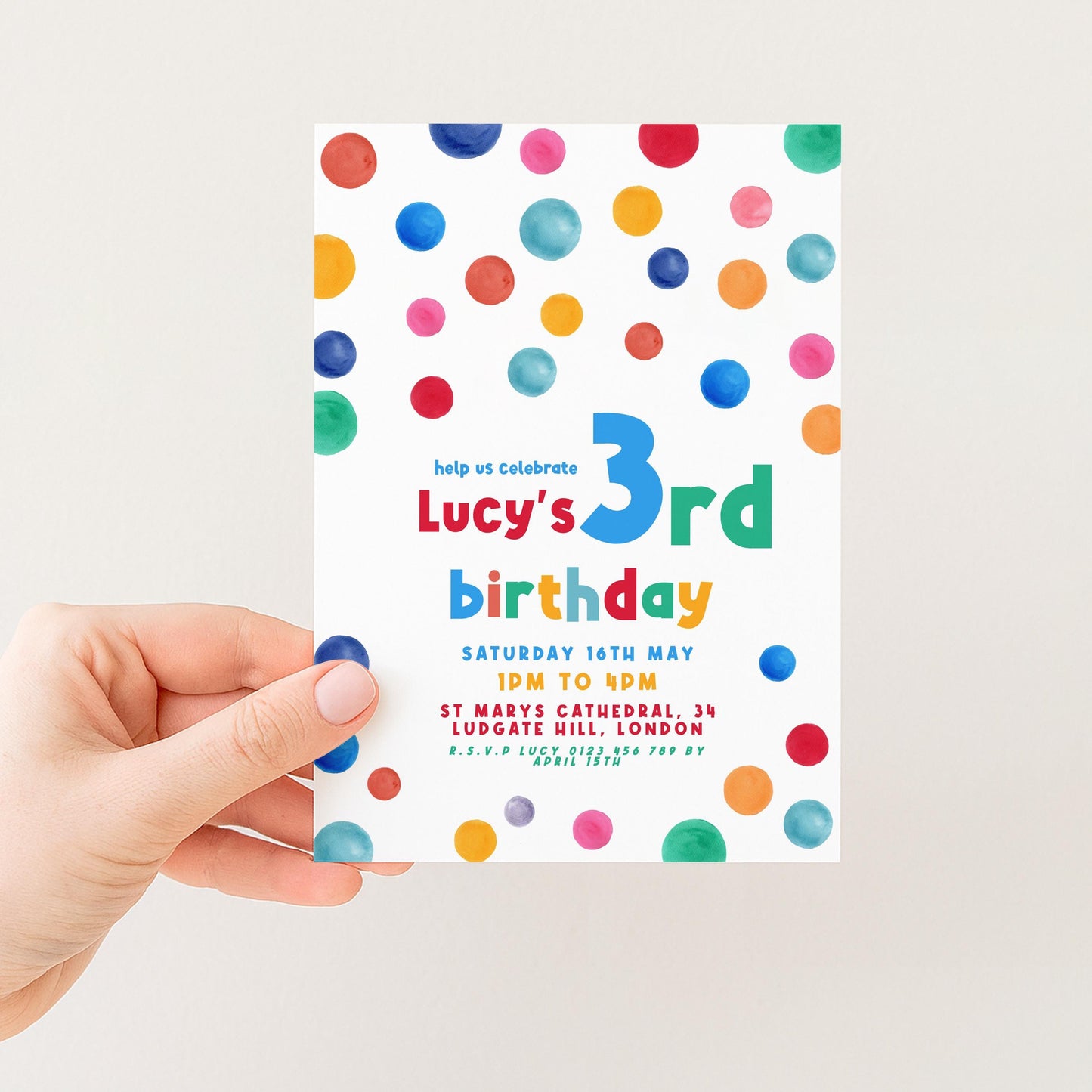 3rd Birthday Invitation Bright Colour, Kids Birthday Party Invite, Fun Colourful Party Invite, Editable Template