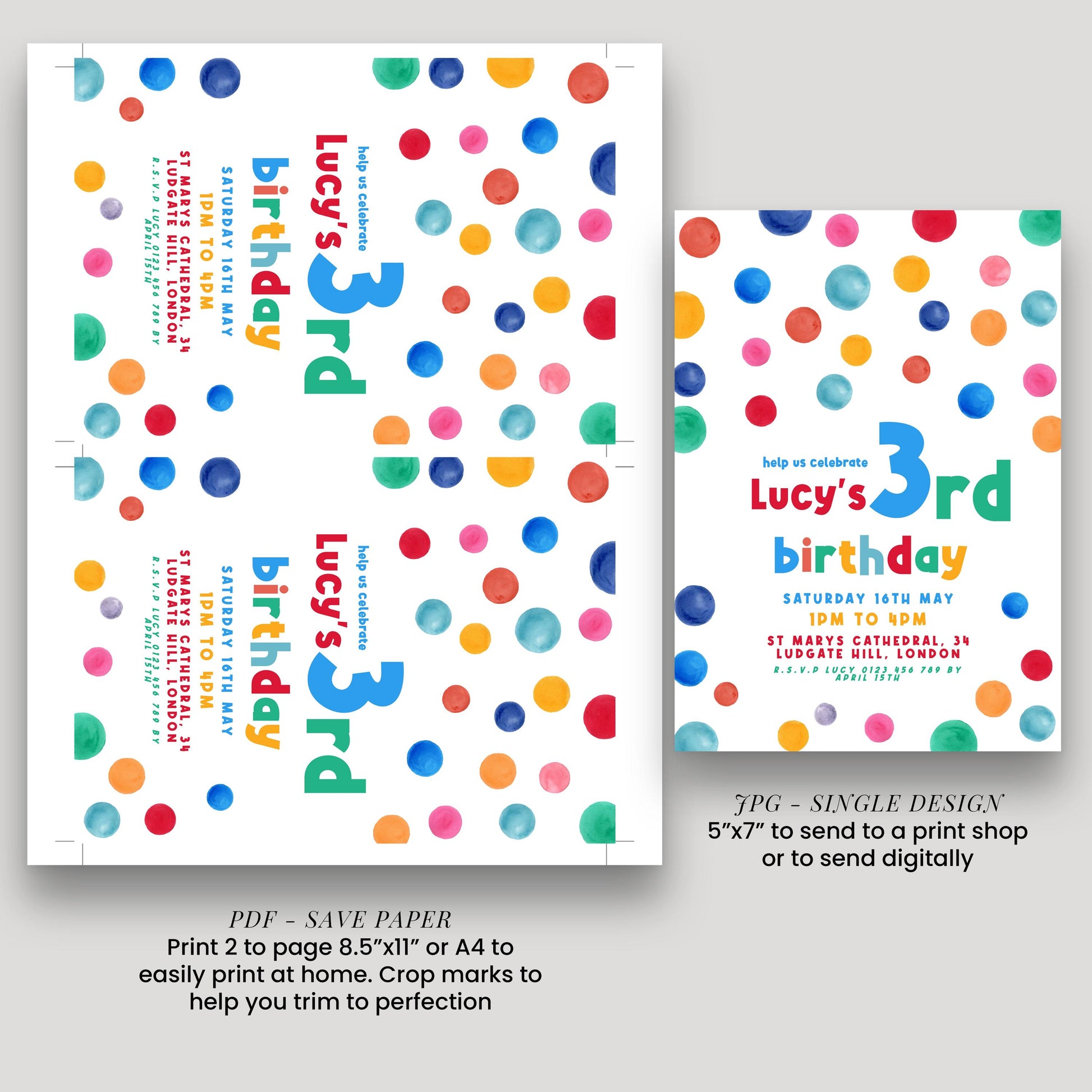 3rd Birthday Invitation Bright Colour, Kids Birthday Party Invite, Fun Colourful Party Invite, Editable Template