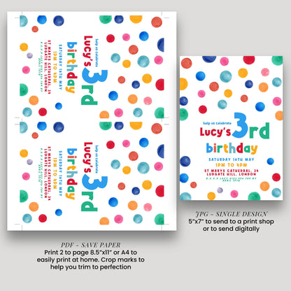 3rd Birthday Invitation Bright Colour, Kids Birthday Party Invite, Fun Colourful Party Invite, Editable Template