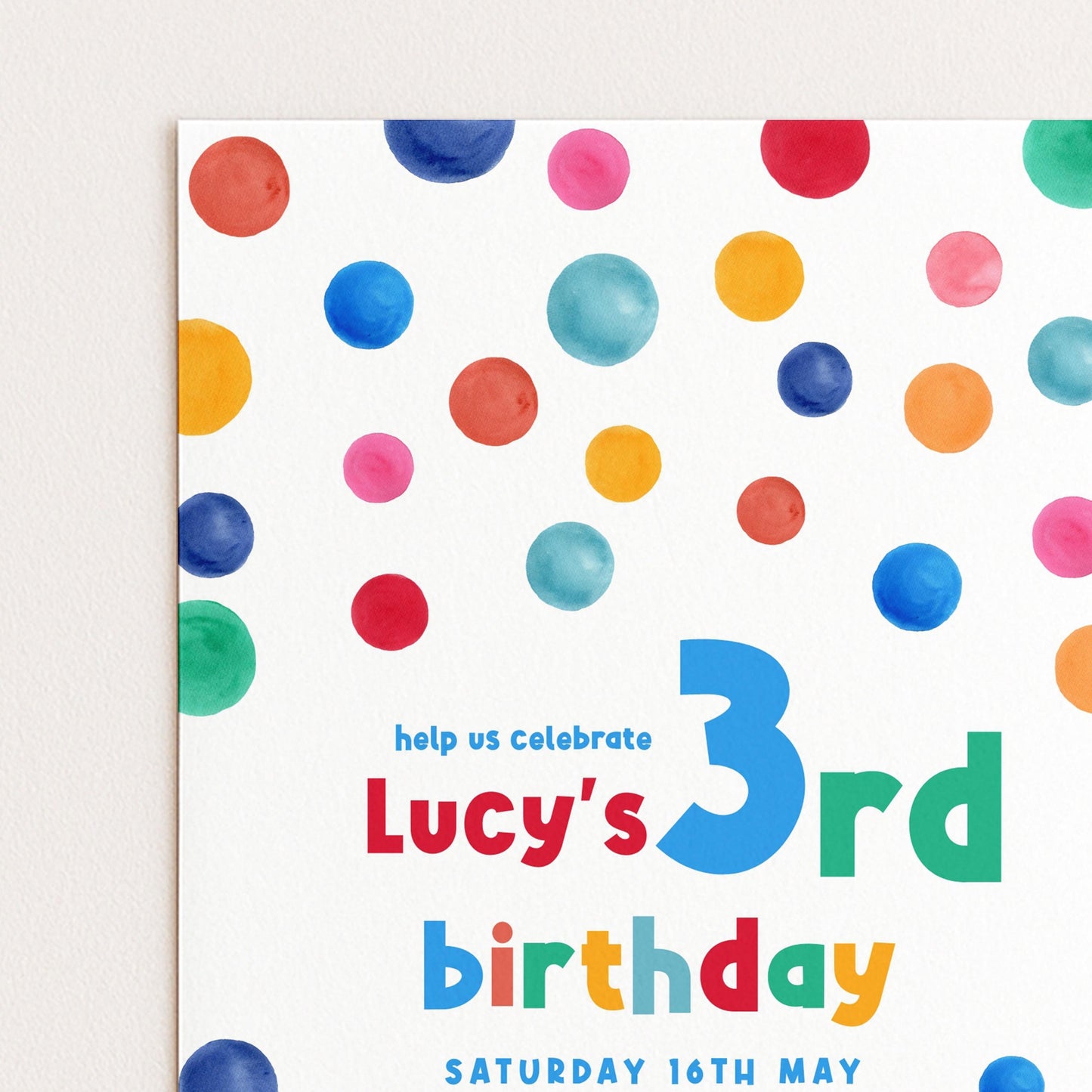 3rd Birthday Invitation Bright Colour, Kids Birthday Party Invite, Fun Colourful Party Invite, Editable Template