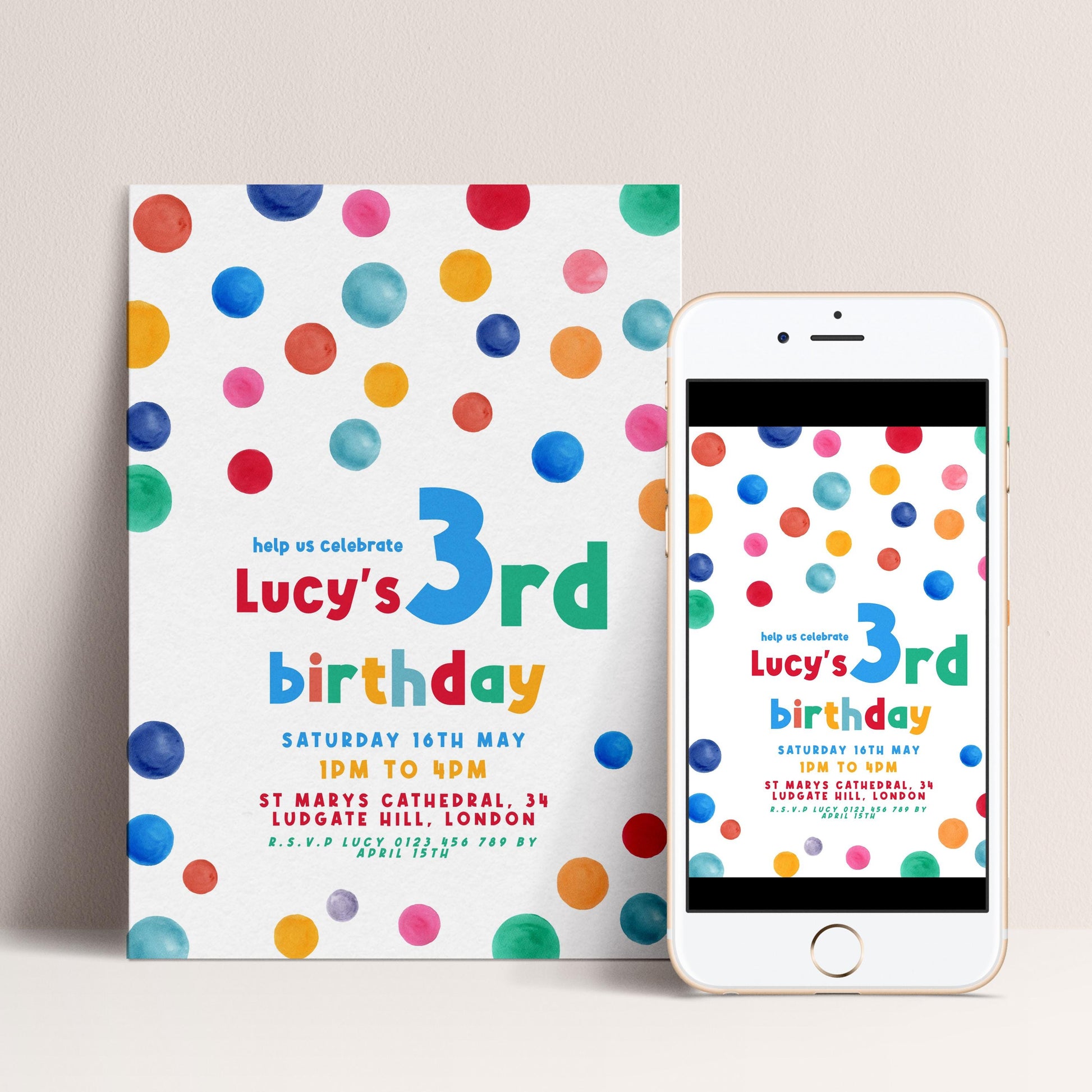 3rd Birthday Invitation Bright Colour, Kids Birthday Party Invite, Fun Colourful Party Invite, Editable Template