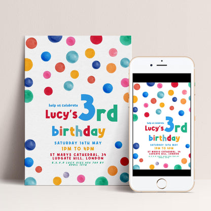 3rd Birthday Invitation Bright Colour, Kids Birthday Party Invite, Fun Colourful Party Invite, Editable Template