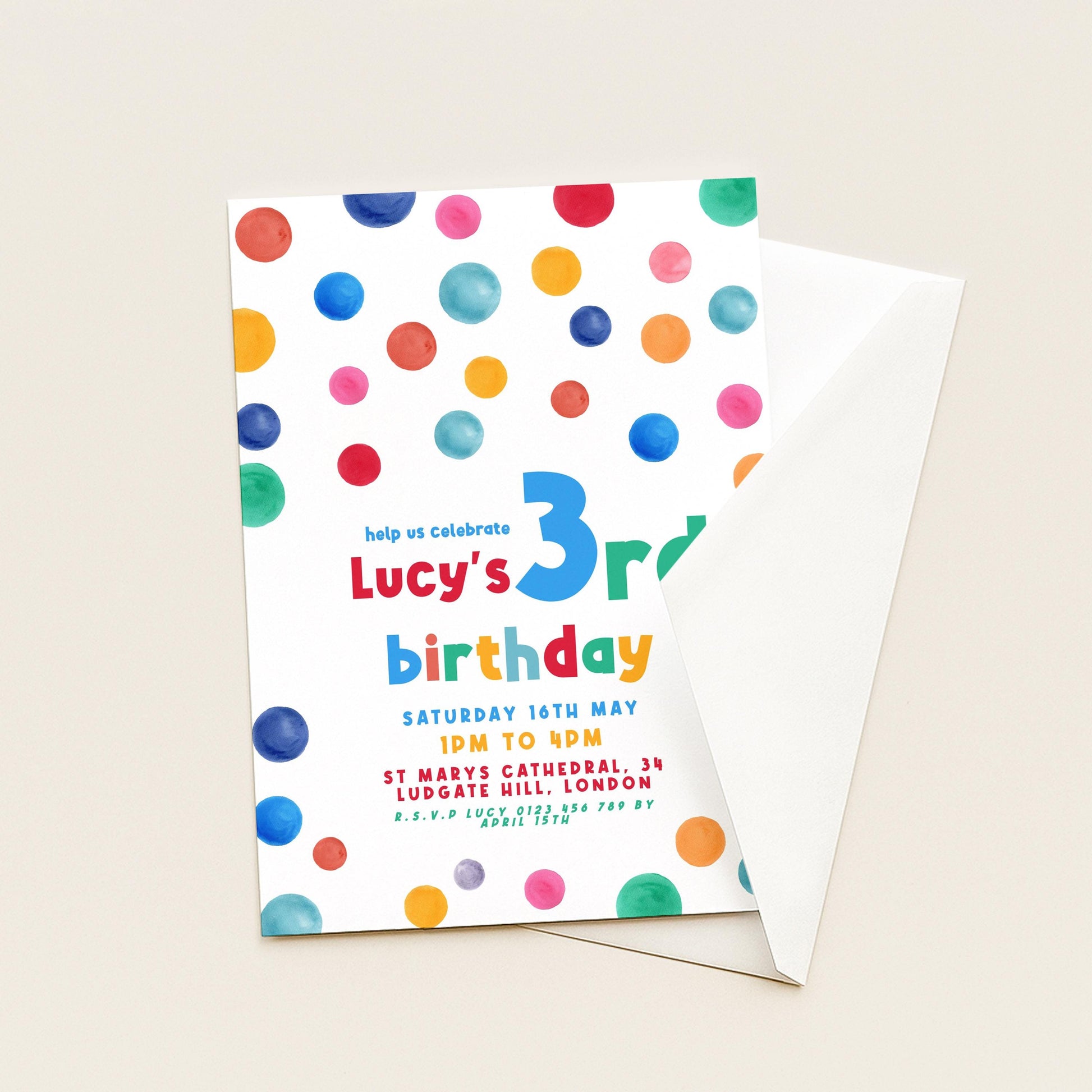3rd Birthday Invitation Bright Colour, Kids Birthday Party Invite, Fun Colourful Party Invite, Editable Template
