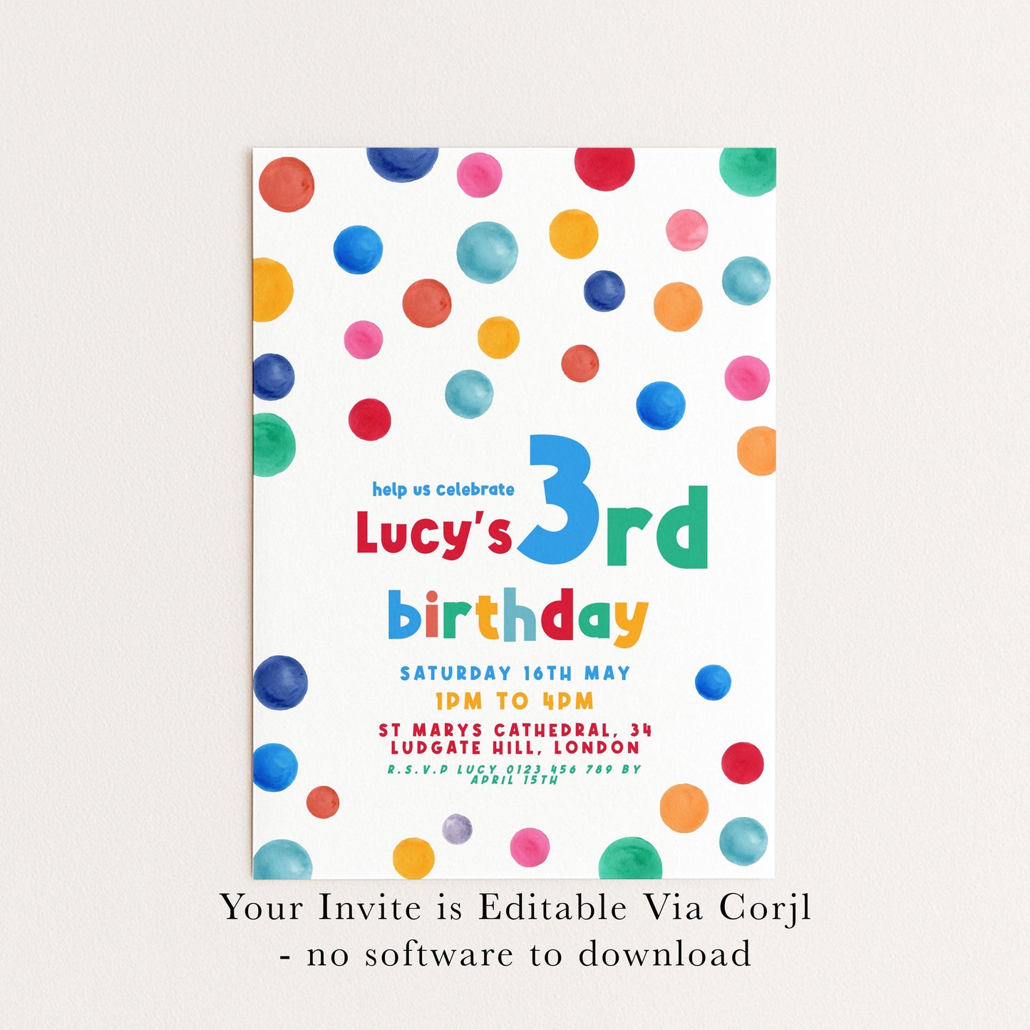 3rd Birthday Invitation Bright Colour, Kids Birthday Party Invite, Fun Colourful Party Invite, Editable Template