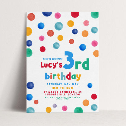 3rd Birthday Invitation Bright Colour, Kids Birthday Party Invite, Fun Colourful Party Invite, Editable Template