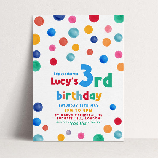 3rd Birthday Invitation Bright Colour, Kids Birthday Party Invite, Fun Colourful Party Invite, Editable Template