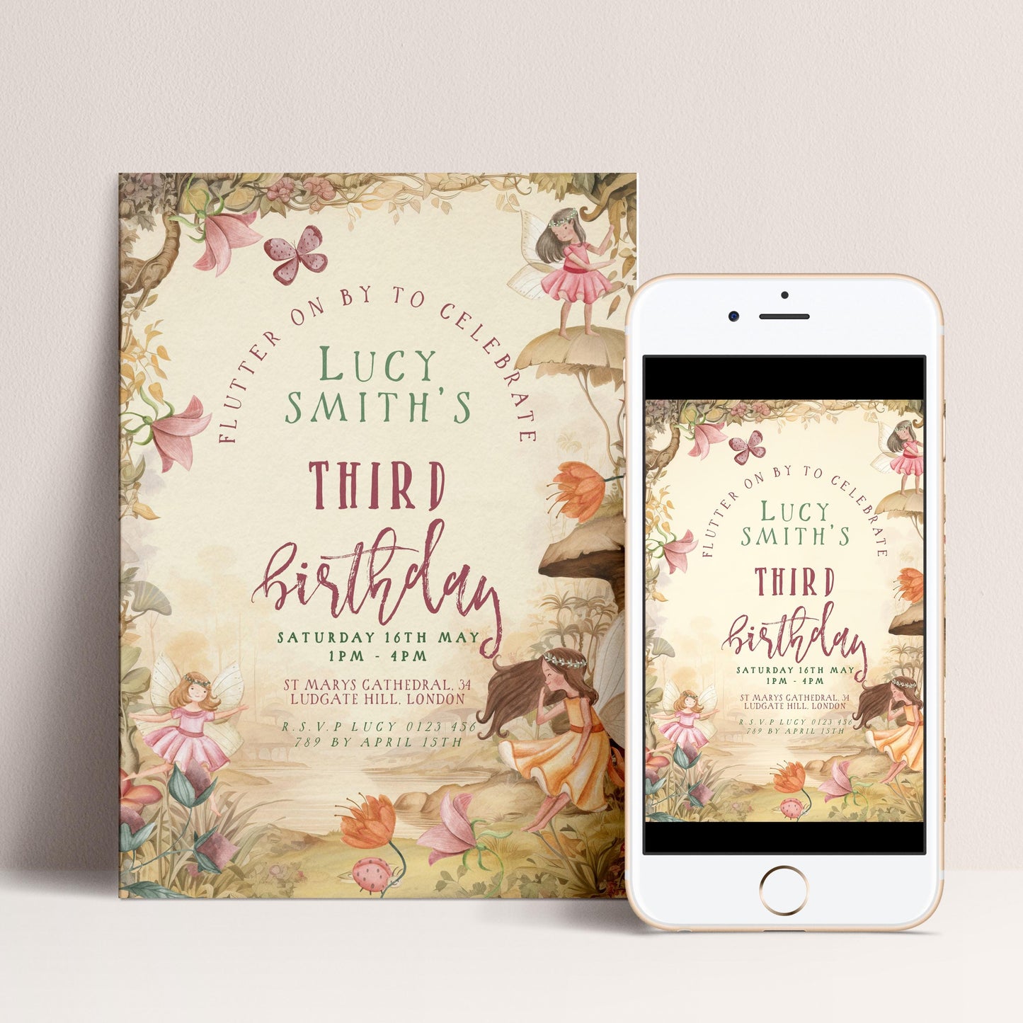 3rd Birthday Invitation Fairy Theme, Girls Fairy Party Invite, Magical Woodland Birthday, Kids Editable Template FY25
