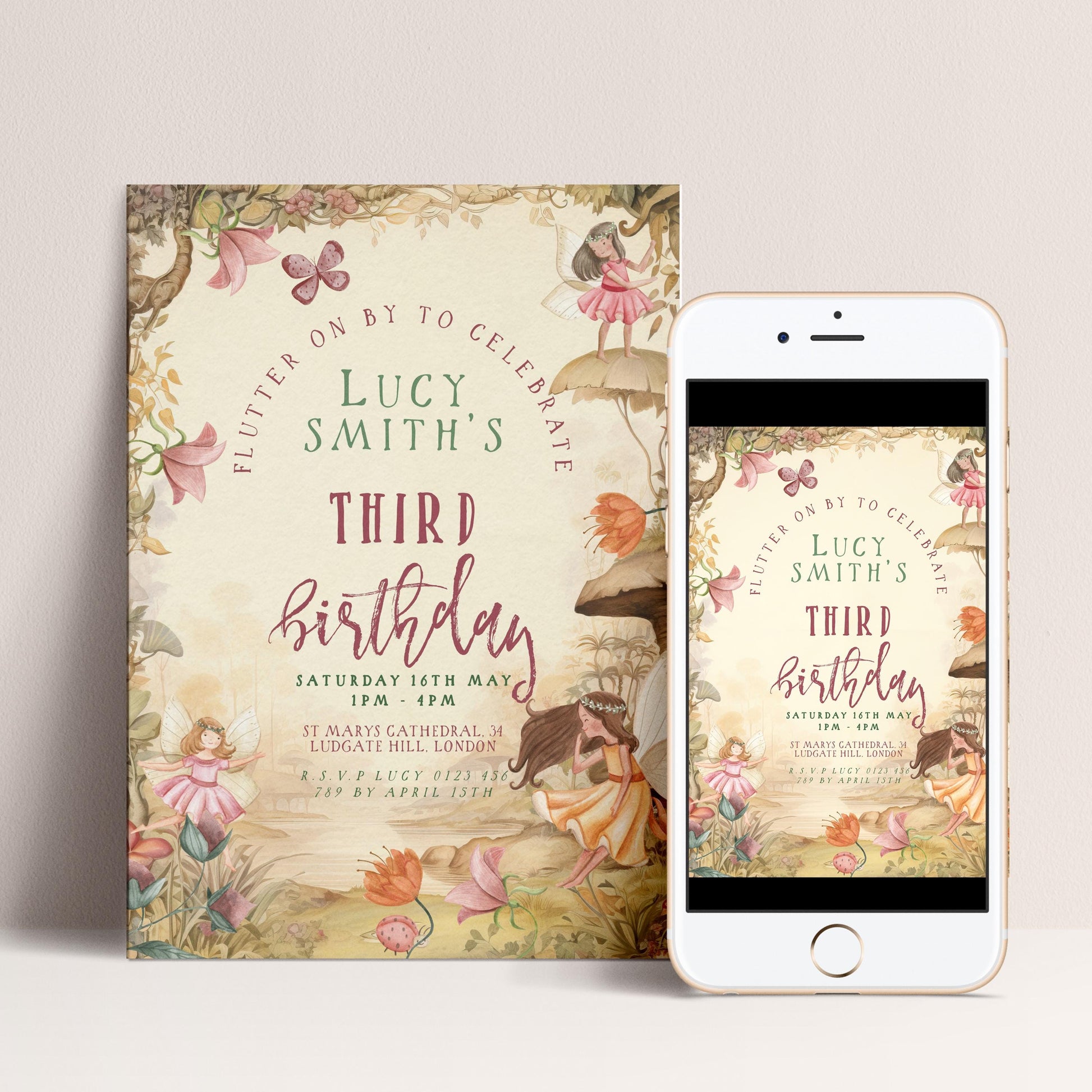 3rd Birthday Invitation Fairy Theme, Girls Fairy Party Invite, Magical Woodland Birthday, Kids Editable Template FY25