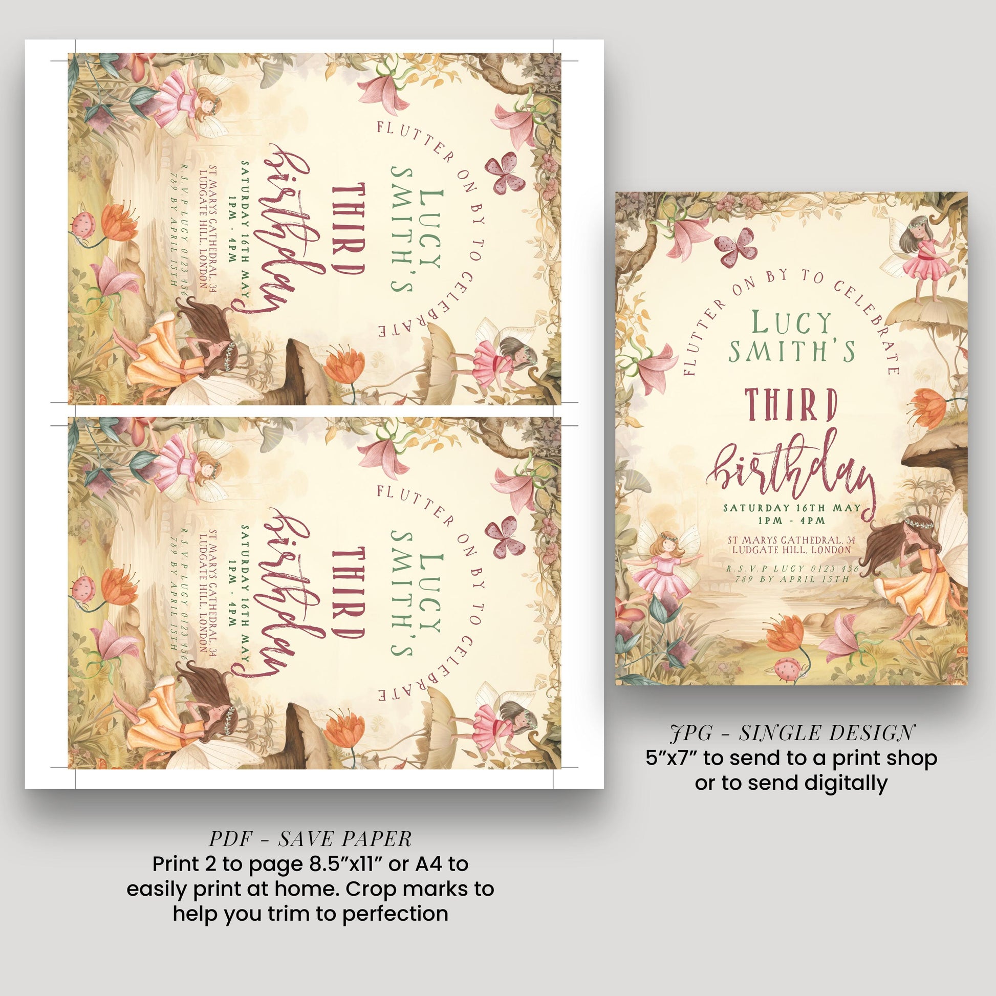 3rd Birthday Invitation Fairy Theme, Girls Fairy Party Invite, Magical Woodland Birthday, Kids Editable Template FY25