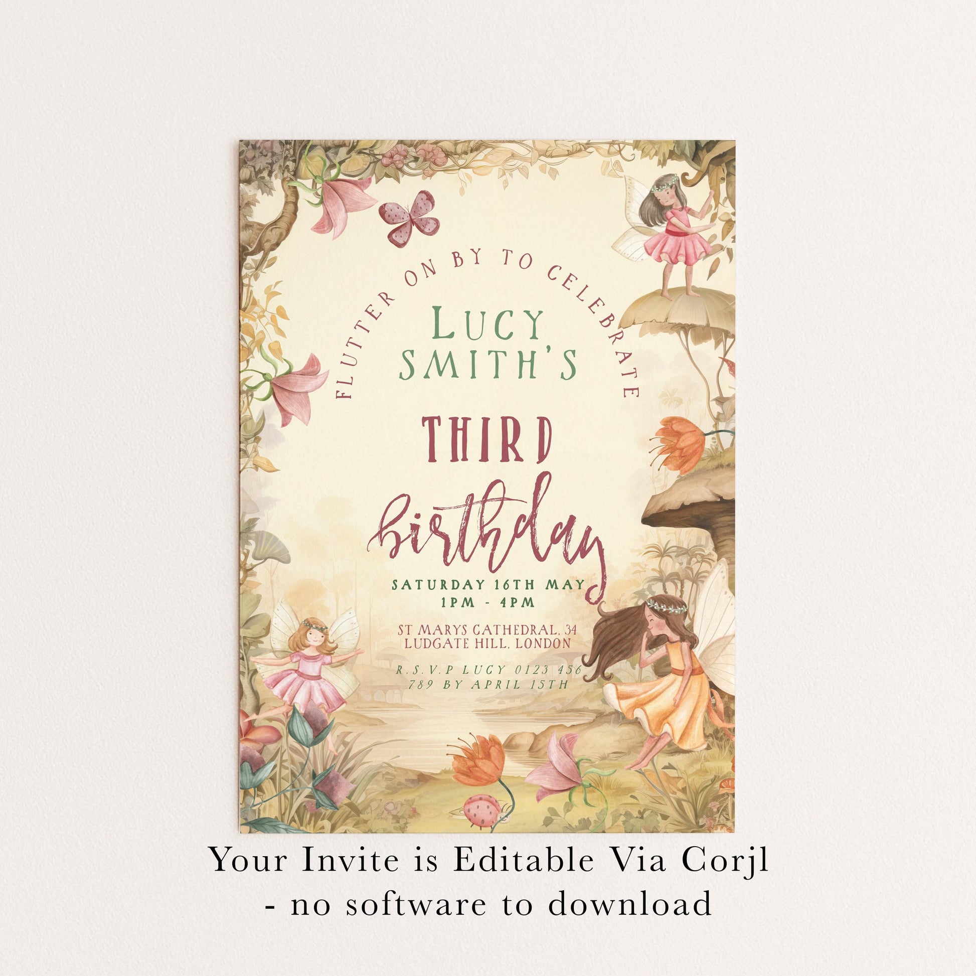3rd Birthday Invitation Fairy Theme, Girls Fairy Party Invite, Magical Woodland Birthday, Kids Editable Template FY25