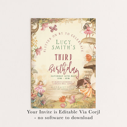 3rd Birthday Invitation Fairy Theme, Girls Fairy Party Invite, Magical Woodland Birthday, Kids Editable Template FY25